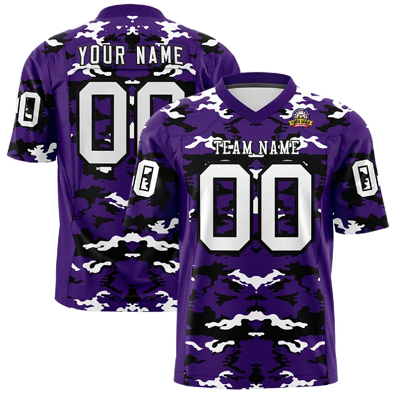 Custom Purple Black-White Personalized Camo Authentic Football Jersey