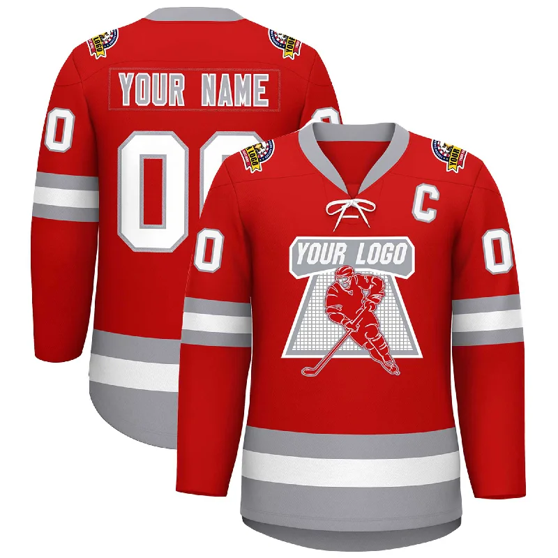 Custom Red White-Gray Lace-Up Neck Hockey Jersey