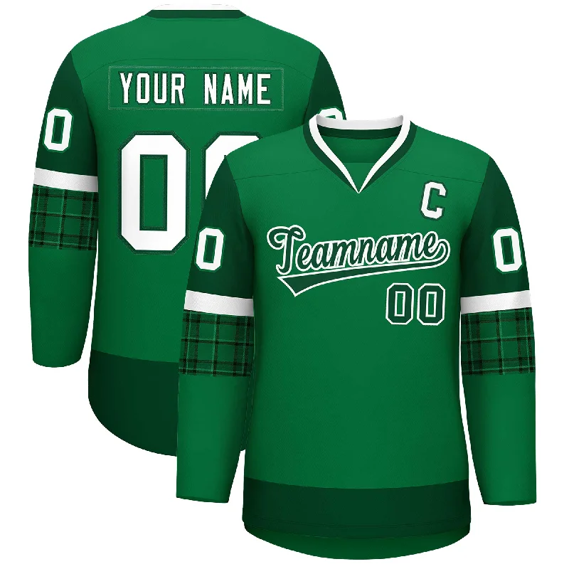 Custom Teal Green-White Personalized Raglan Sleeves V-Neck Hockey Jersey