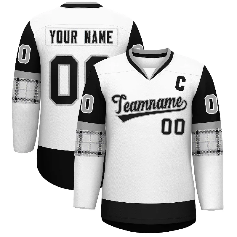 Custom White Black-Gray Personalized Raglan Sleeves V-Neck Hockey Jersey