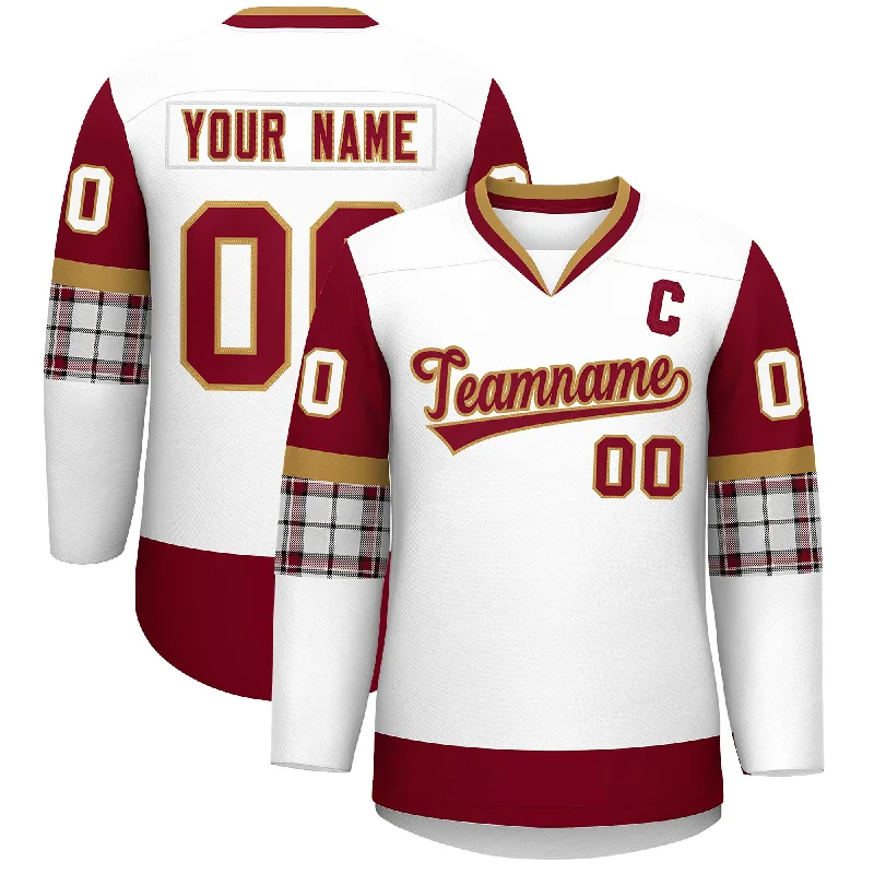 Custom White Crimson-Old Gold Personalized Raglan Sleeves V-Neck Hockey Jersey