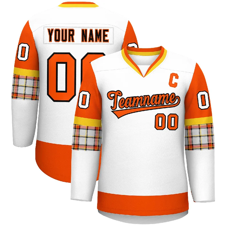 Custom White Orange-Yellow Personalized Raglan Sleeves V-Neck Hockey Jersey