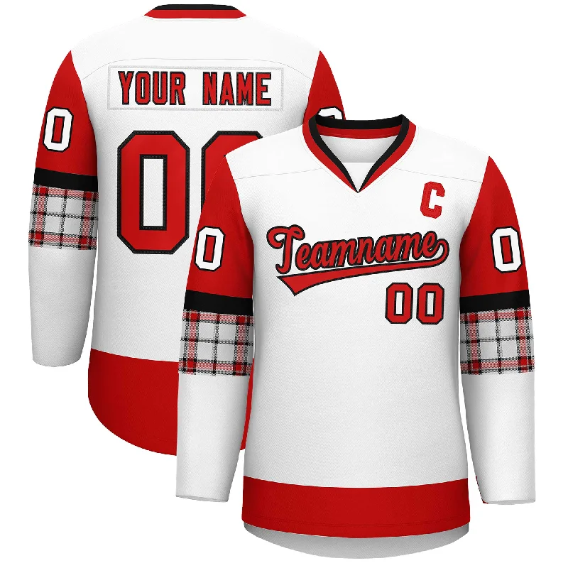 Custom White Red-Black Personalized Raglan Sleeves V-Neck Hockey Jersey