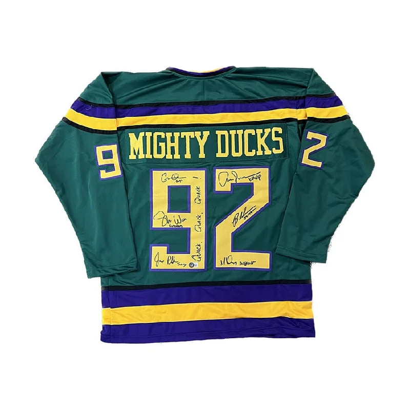 Mighty Ducks Cast Signed Custom Green Jersey with "Quack, Quack, Quack"