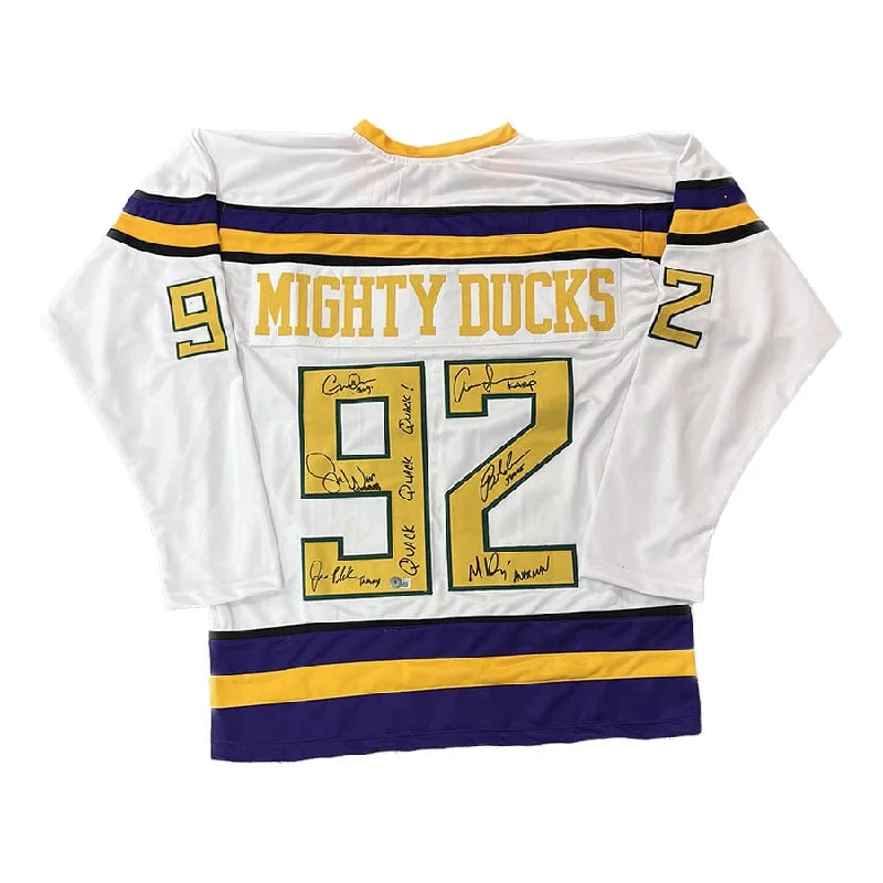 Mighty Ducks Cast Signed Custom White Jersey with "Quack, Quack, Quack"