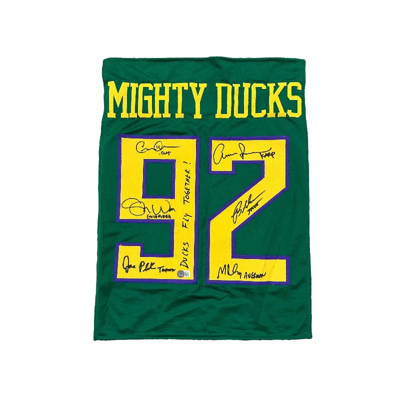 Mighty Ducks Cast Signed Green Custom Jersey Panel with "Ducks Fly Together"