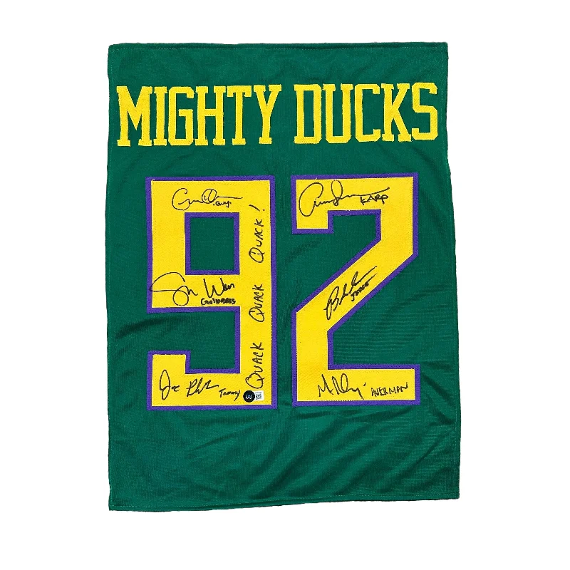 Mighty Ducks Cast Signed Green Custom Jersey Panel with "Quack Quack Quack"