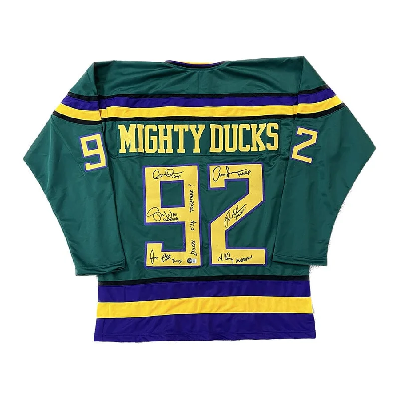 Mighty Ducks Cast Signed Green Jersey with "Ducks Fly Together!"