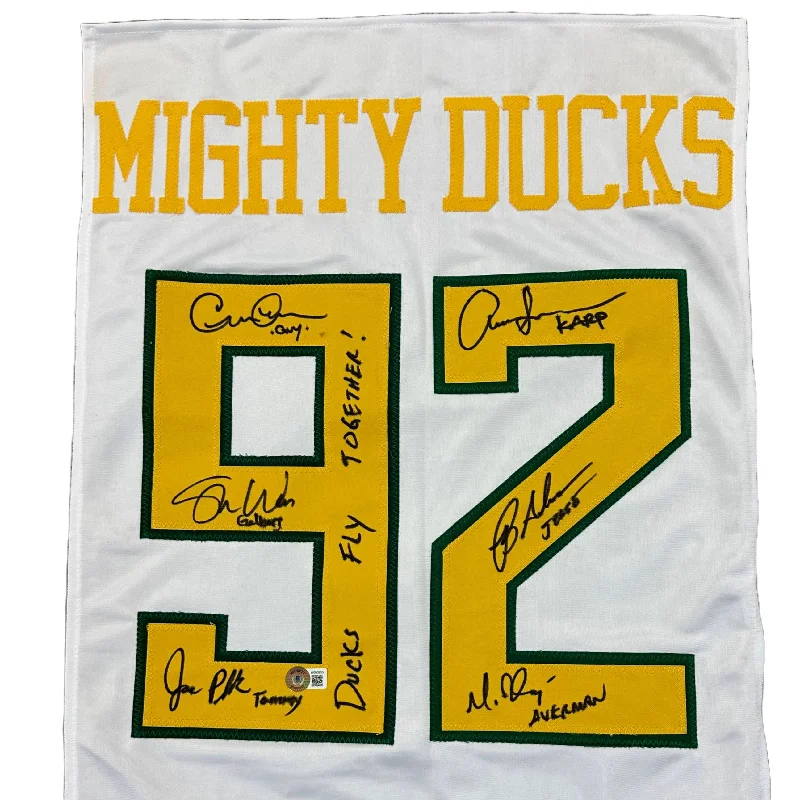 Mighty Ducks Cast Signed White Custom Jersey Panel with "Ducks Fly Together"