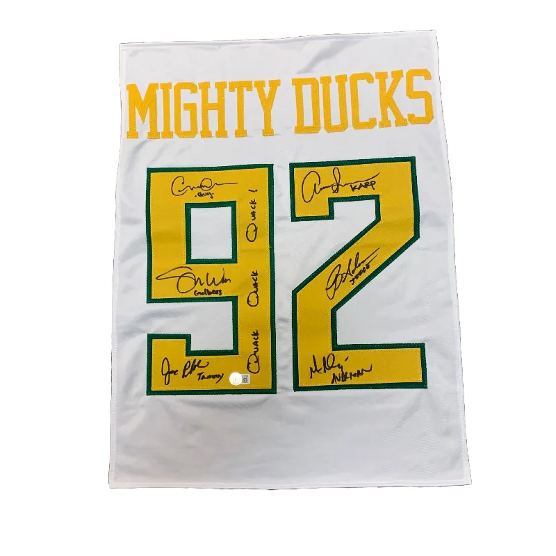 Mighty Ducks Cast Signed White Custom Jersey Panel with "Quack Quack Quack"