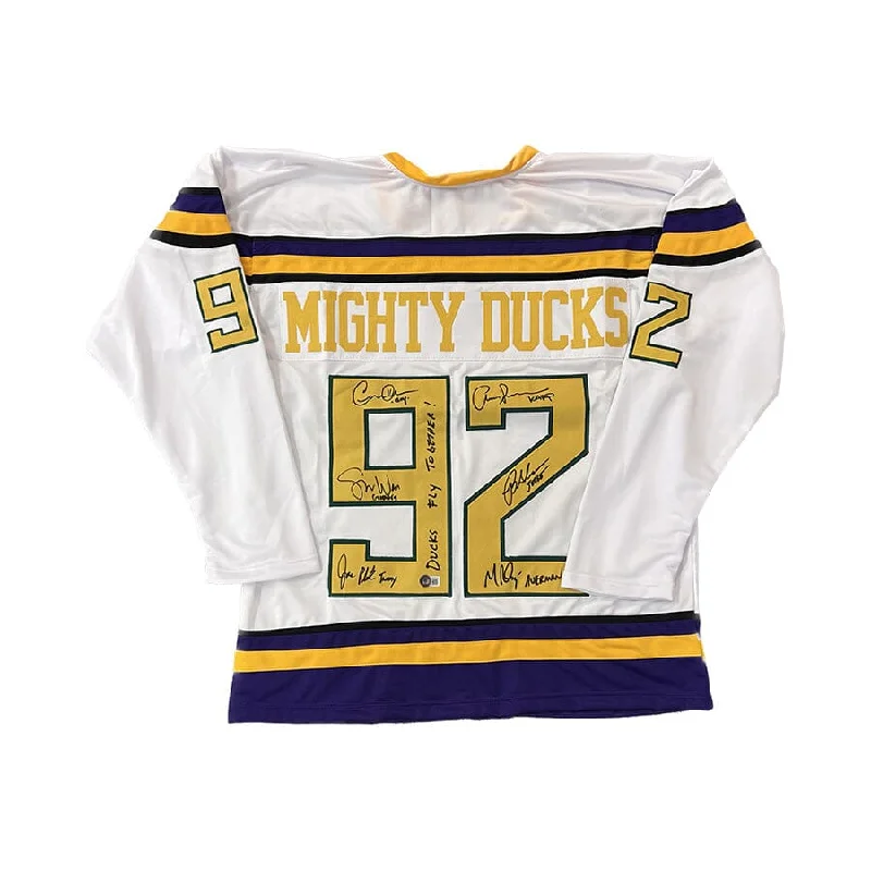 Mighty Ducks Cast Signed White Jersey with "Ducks Fly Together!"