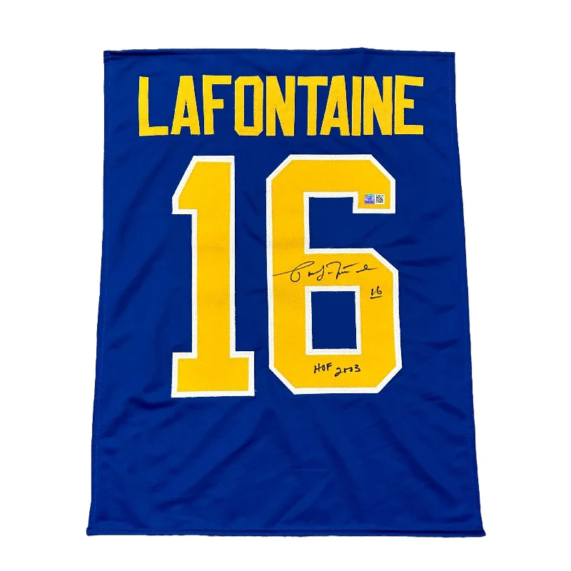 Pat LaFontaine Signed Custom Blue Jersey Panel with HOF 2003