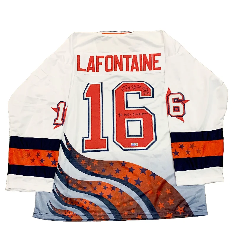 Pat LaFontaine Signed Custom Team USA Stitched Jersey with HOF 2003 + 96 W.C Champs