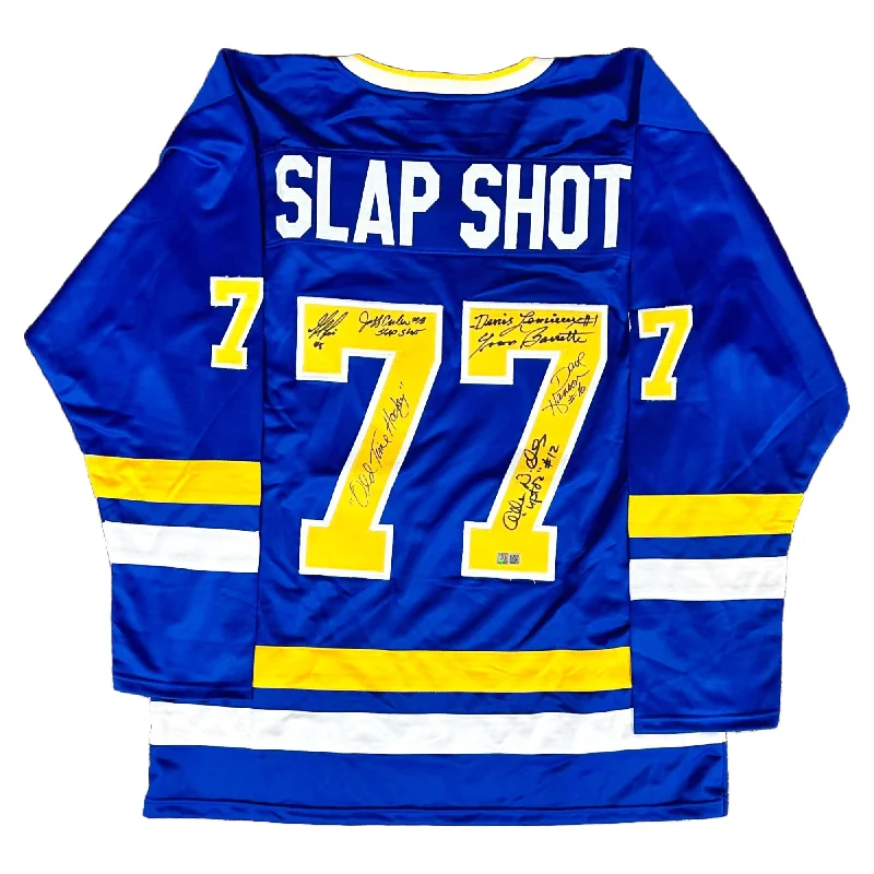 Slap Shot Multi Signed Blue Chiefs Jersey