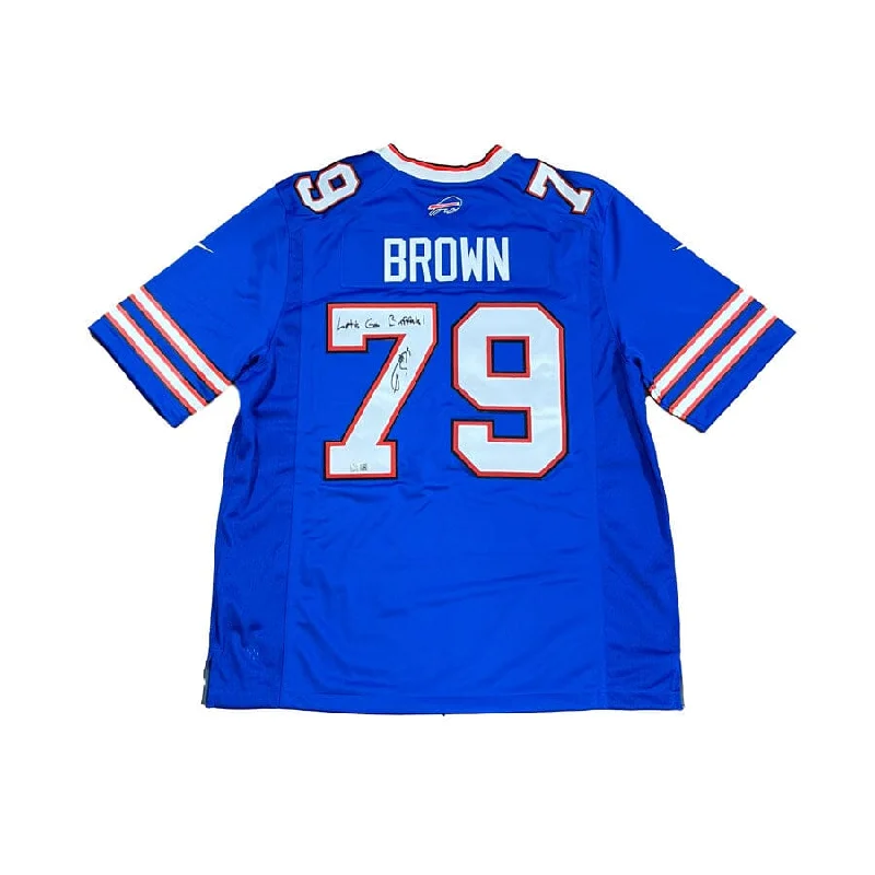 Spencer Brown Signed Buffalo Bills Blue Nike Stitched Jersey with Lets Go Buffalo