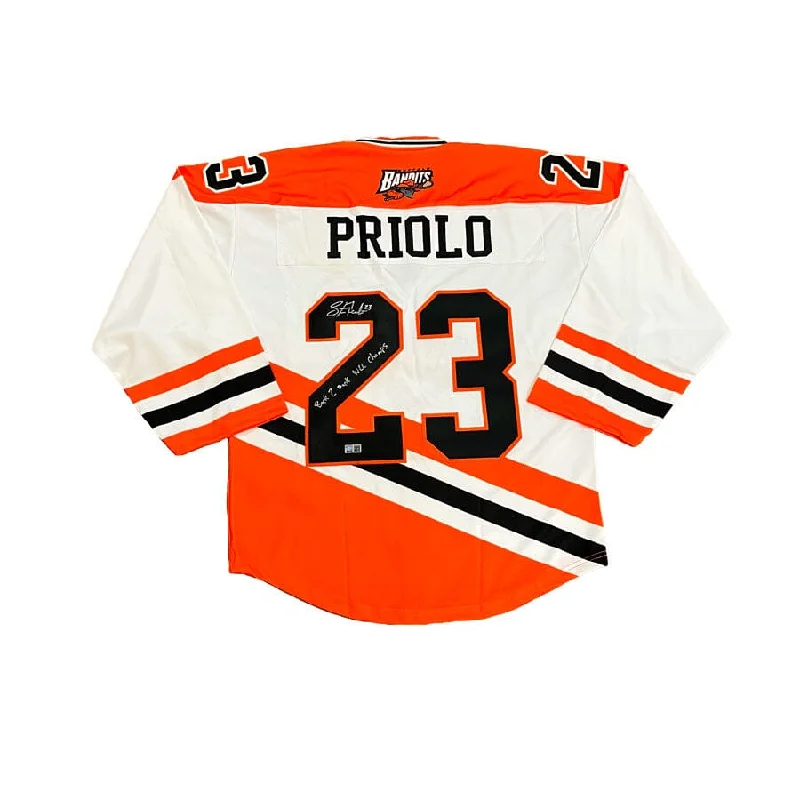 Steve Priolo Signed Buffalo Bandits White ProJoy Jersey with Back 2 Back NLL Champs