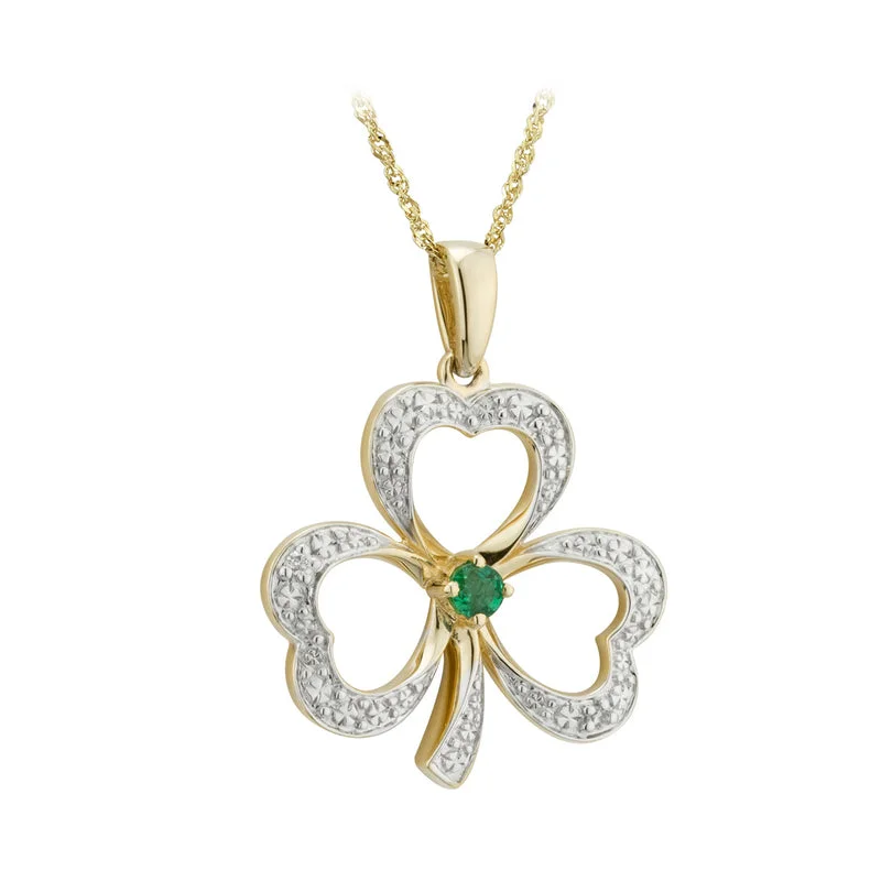 14K Gold Diamond Emerald Shamrock Necklace