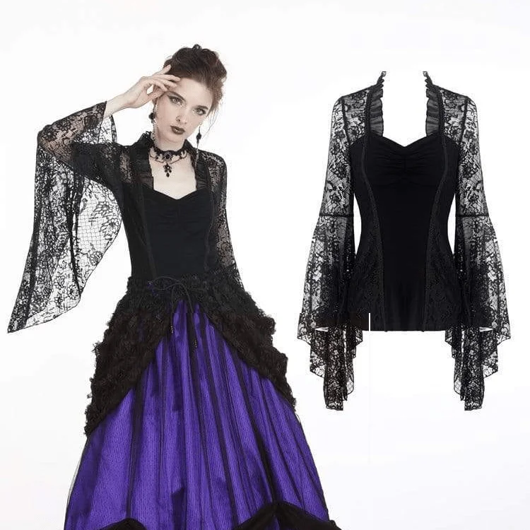 Women's Gothic Ruched Sheer Floral Lace  Sleeved  Tops